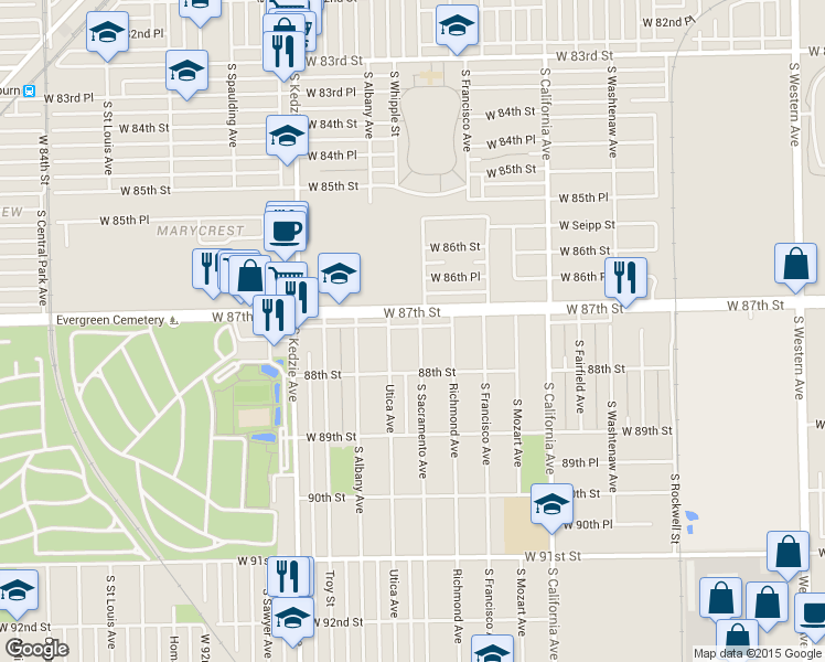 map of restaurants, bars, coffee shops, grocery stores, and more near 8724 South Sacramento Avenue in Evergreen Park