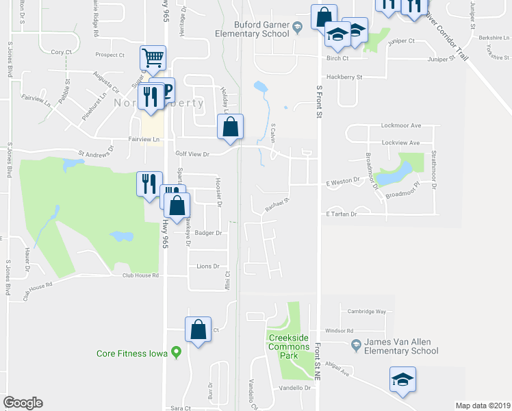 map of restaurants, bars, coffee shops, grocery stores, and more near 845 Rachael Street in North Liberty