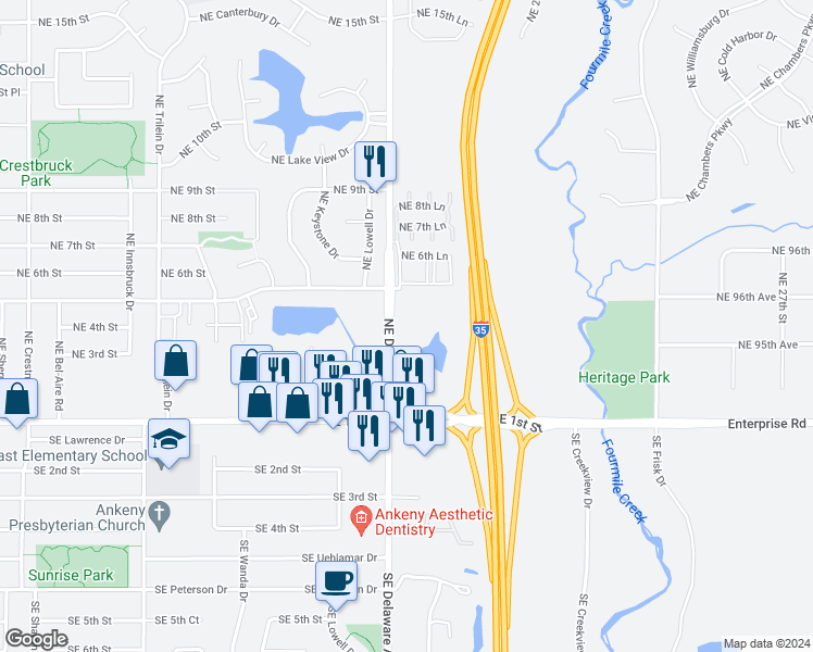 map of restaurants, bars, coffee shops, grocery stores, and more near 415 Northeast Delaware Avenue in Ankeny