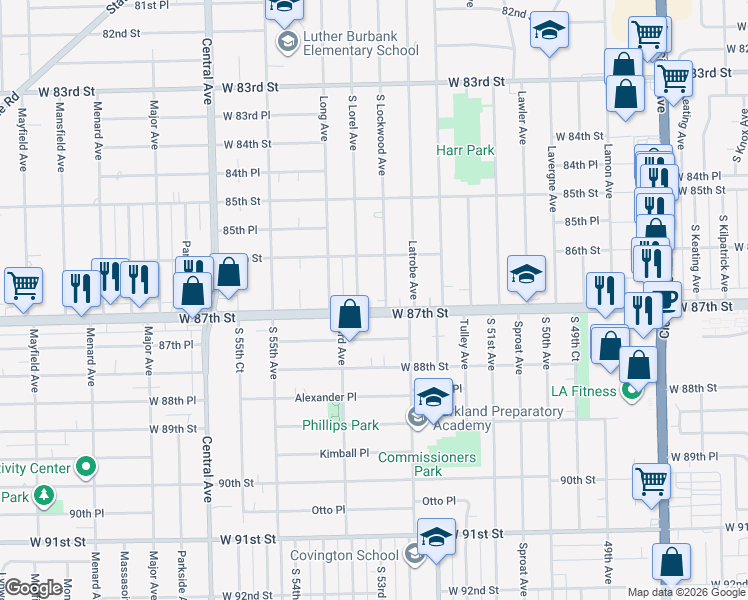map of restaurants, bars, coffee shops, grocery stores, and more near in Oak Lawn