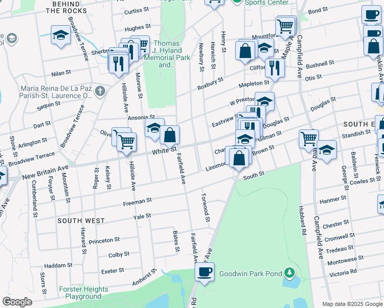 map of restaurants, bars, coffee shops, grocery stores, and more near 275 Grandview Terrace in Hartford