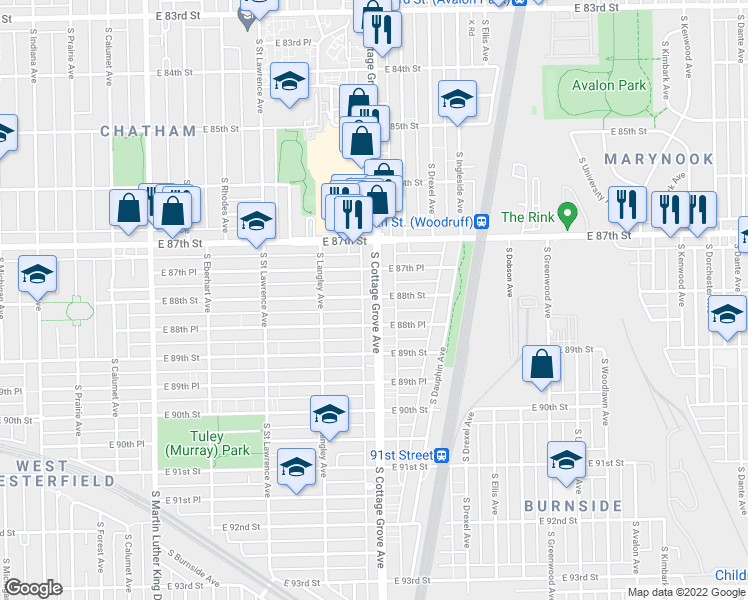 map of restaurants, bars, coffee shops, grocery stores, and more near 8800 South Cottage Grove Avenue in Chicago