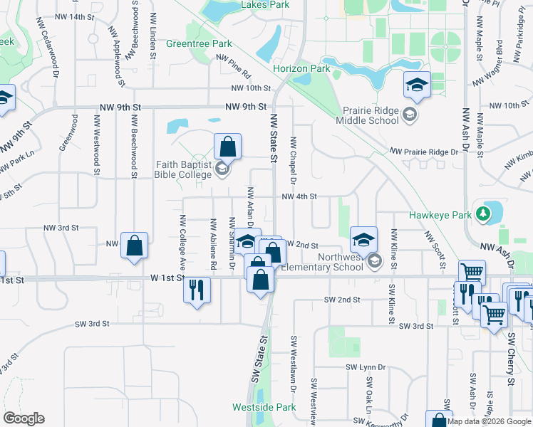 map of restaurants, bars, coffee shops, grocery stores, and more near 229 Northwest Arlan Drive in Ankeny