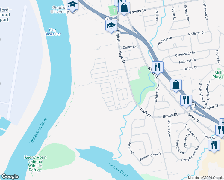 map of restaurants, bars, coffee shops, grocery stores, and more near 46 Arawak Drive in East Hartford