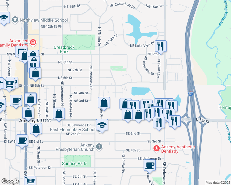 map of restaurants, bars, coffee shops, grocery stores, and more near 731 Northeast 5th Street in Ankeny