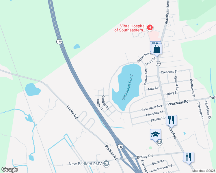 map of restaurants, bars, coffee shops, grocery stores, and more near 1300 Sassaquin Avenue in New Bedford