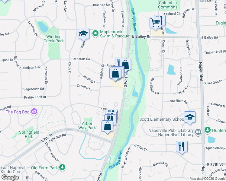 map of restaurants, bars, coffee shops, grocery stores, and more near 1821 South Washington Street in Naperville