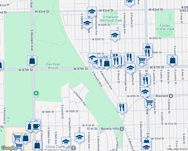 map of restaurants, bars, coffee shops, grocery stores, and more near 8715 South Beverly Boulevard in Chicago