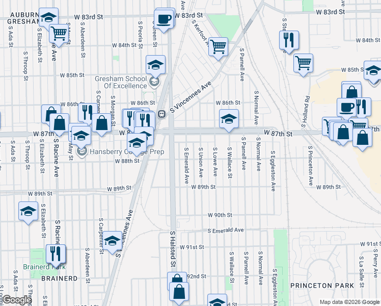 map of restaurants, bars, coffee shops, grocery stores, and more near 8749 South Emerald Avenue in Chicago