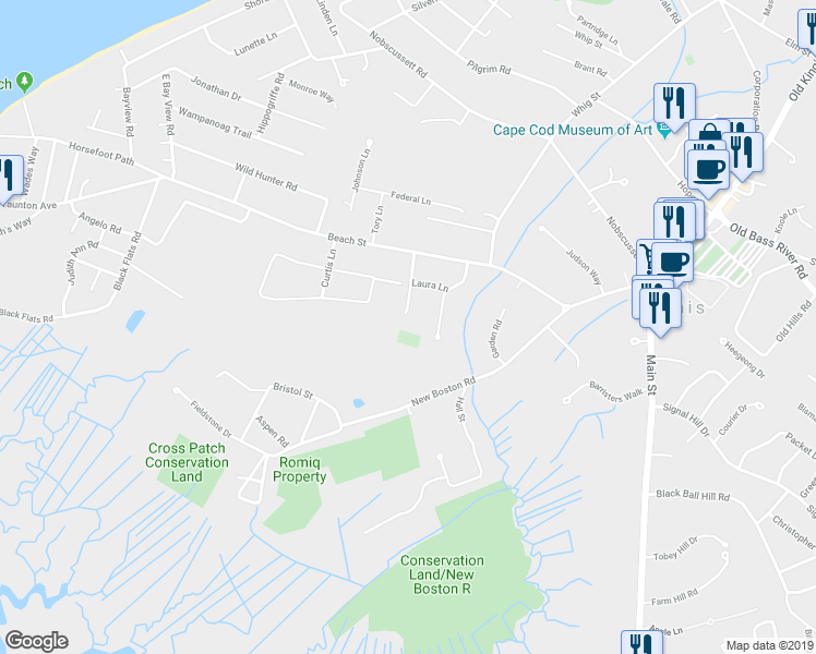 map of restaurants, bars, coffee shops, grocery stores, and more near 14 Willie Nick Way in Dennis