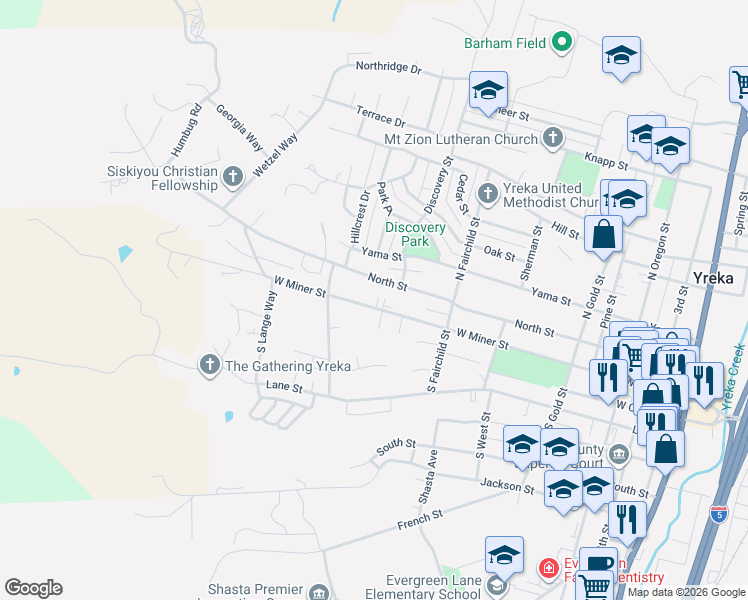 map of restaurants, bars, coffee shops, grocery stores, and more near 908 West Miner Street in Yreka