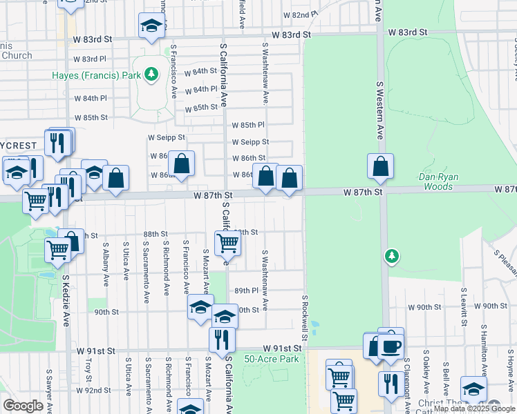map of restaurants, bars, coffee shops, grocery stores, and more near 8724 South Washtenaw Avenue in Evergreen Park
