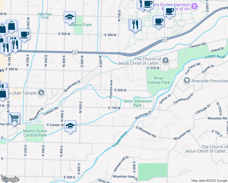 map of restaurants, bars, coffee shops, grocery stores, and more near 680 East 200 North in Logan
