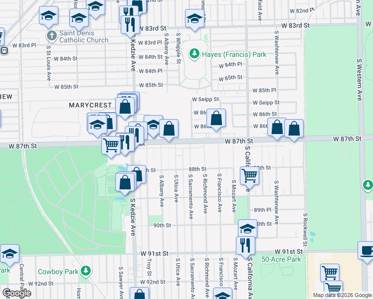 map of restaurants, bars, coffee shops, grocery stores, and more near 8724 South Sacramento Avenue in Evergreen Park