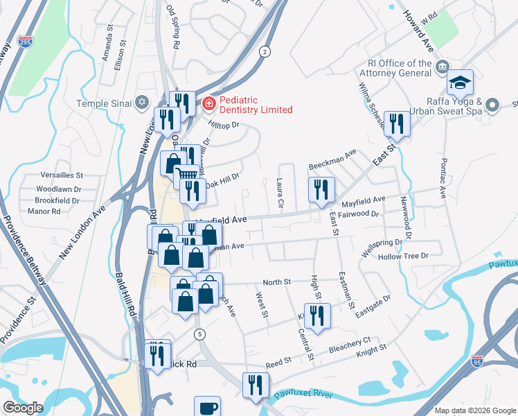 map of restaurants, bars, coffee shops, grocery stores, and more near 251 Mayfield Avenue in Cranston