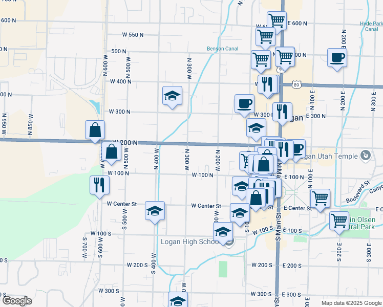 map of restaurants, bars, coffee shops, grocery stores, and more near 172 North 300 West in Logan