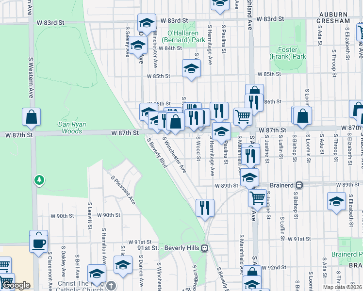 map of restaurants, bars, coffee shops, grocery stores, and more near 8739 South Honore Street in Chicago