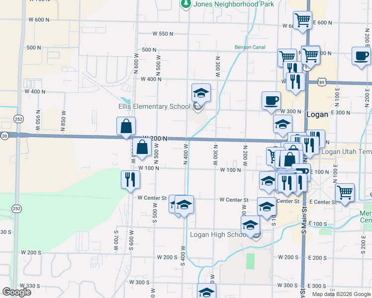 map of restaurants, bars, coffee shops, grocery stores, and more near 372 West 200 North in Logan