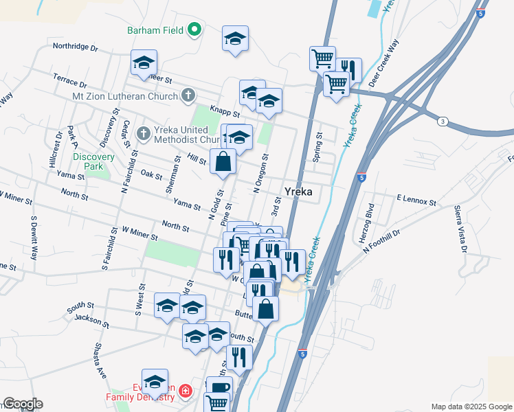 map of restaurants, bars, coffee shops, grocery stores, and more near 324 North Oregon Street in Yreka