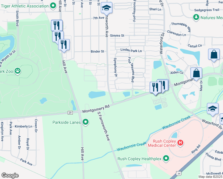map of restaurants, bars, coffee shops, grocery stores, and more near 1103 Symphony Drive in Aurora