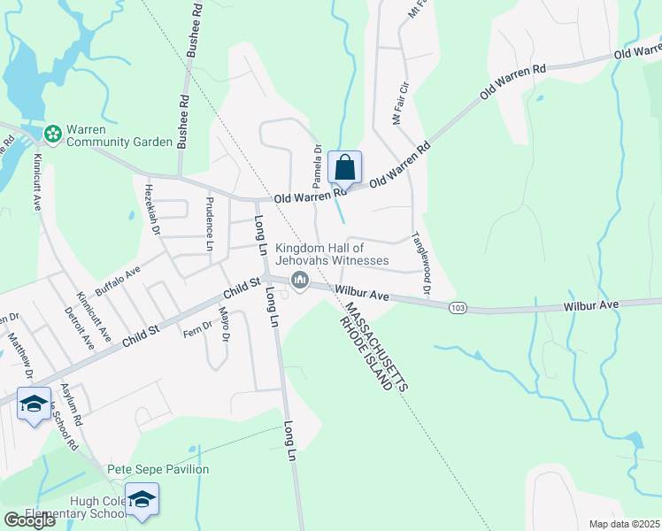 map of restaurants, bars, coffee shops, grocery stores, and more near 20 Rhode Island 103 in Warren