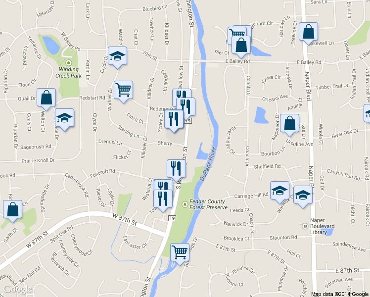 map of restaurants, bars, coffee shops, grocery stores, and more near 1839 South Washington Street in Naperville