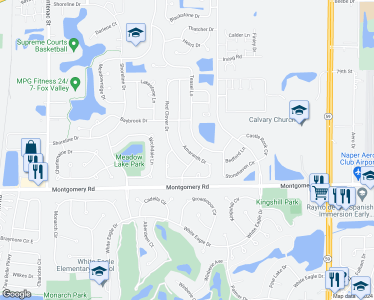 map of restaurants, bars, coffee shops, grocery stores, and more near 1160 Amaranth Drive in Naperville