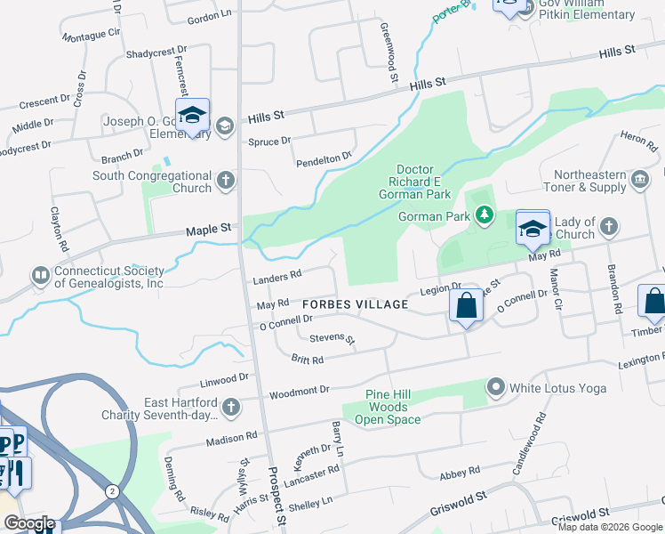 map of restaurants, bars, coffee shops, grocery stores, and more near 6 Landers Court in East Hartford