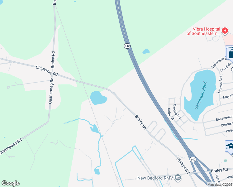 map of restaurants, bars, coffee shops, grocery stores, and more near 1595 Braley Road in New Bedford