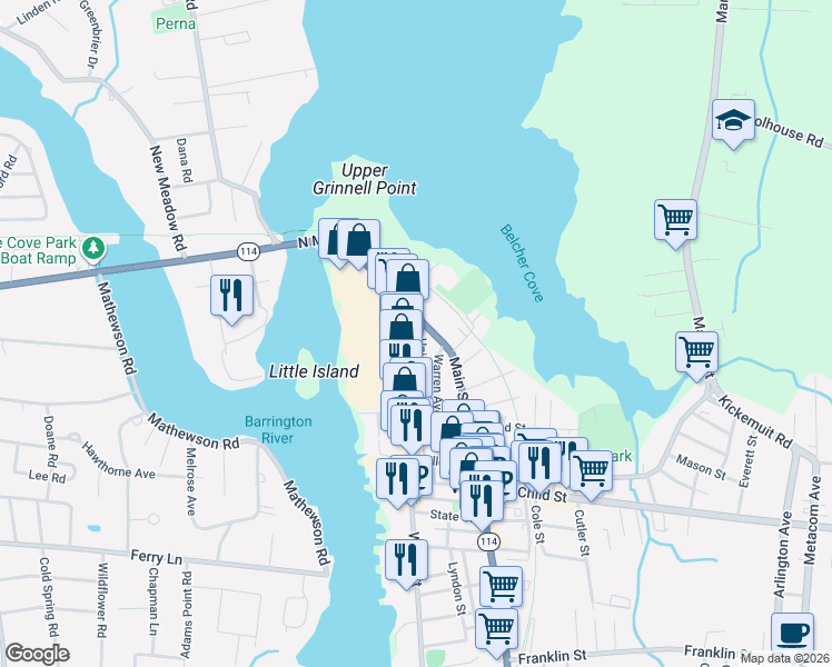 map of restaurants, bars, coffee shops, grocery stores, and more near 16 Union Street in Warren