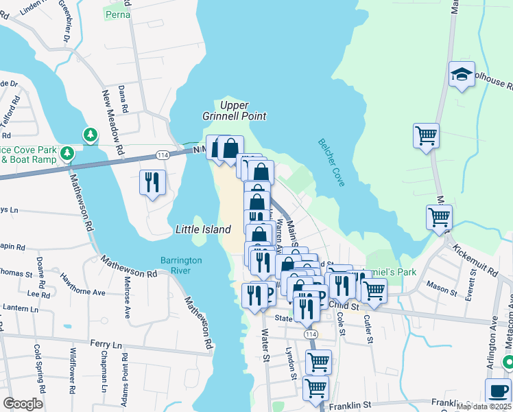 map of restaurants, bars, coffee shops, grocery stores, and more near 22 Bowen Street in Warren