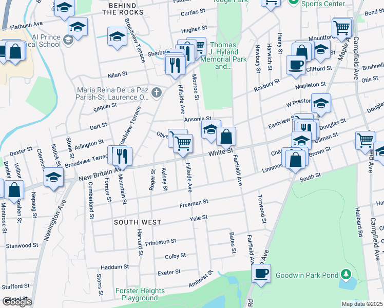 map of restaurants, bars, coffee shops, grocery stores, and more near 221 White Street in Hartford