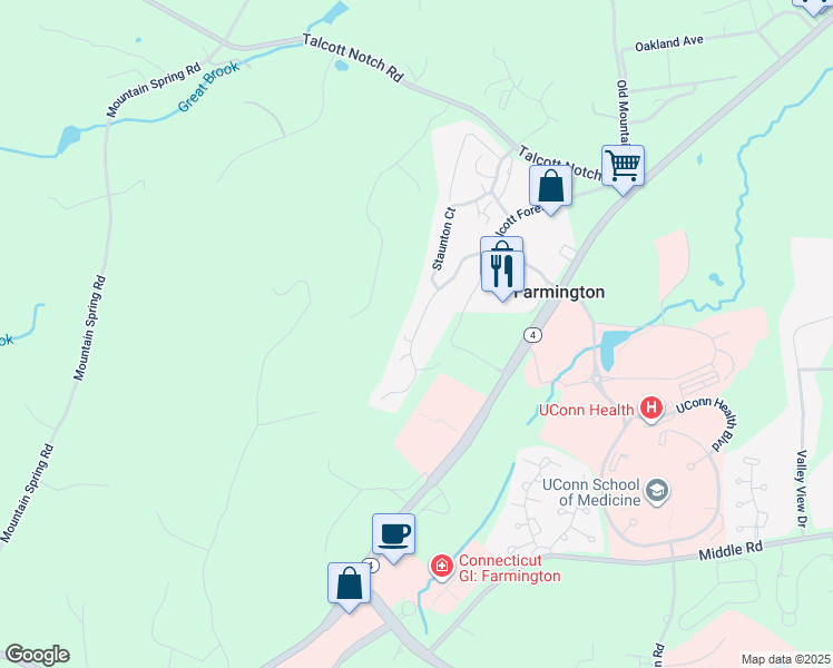 map of restaurants, bars, coffee shops, grocery stores, and more near 5 Talcott Forest Road in Farmington