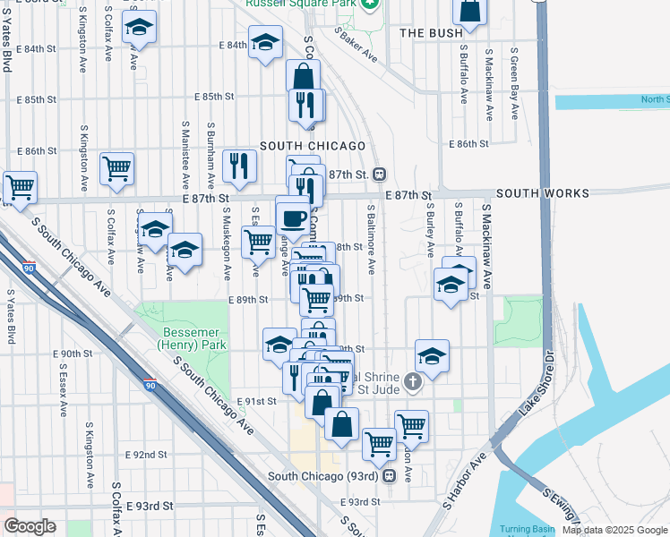 map of restaurants, bars, coffee shops, grocery stores, and more near 8836 South Houston Avenue in Chicago