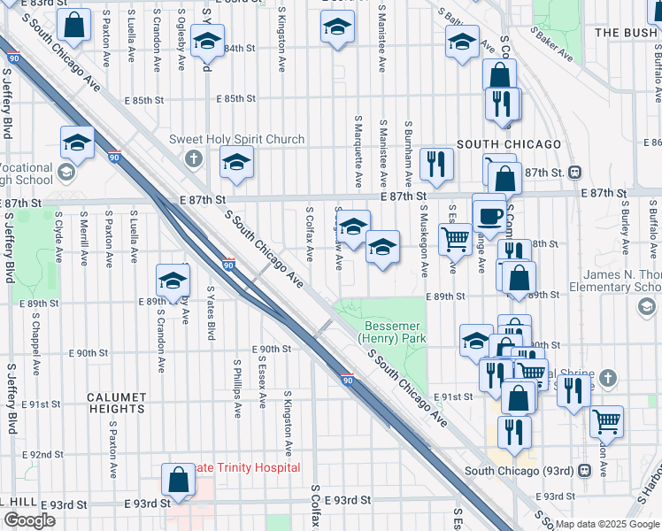 map of restaurants, bars, coffee shops, grocery stores, and more near 8829 South Saginaw Avenue in Chicago
