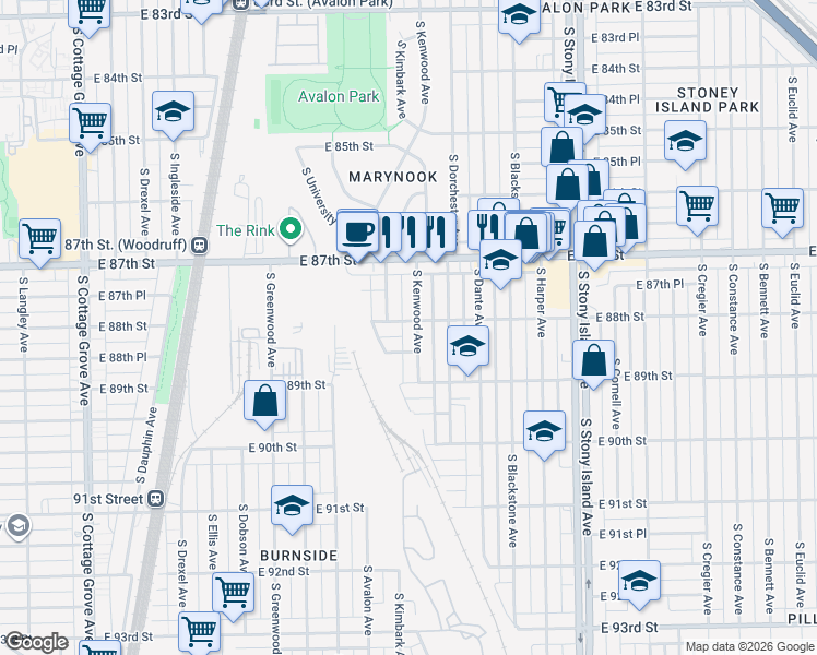 map of restaurants, bars, coffee shops, grocery stores, and more near 1318 East 88th Place in Chicago