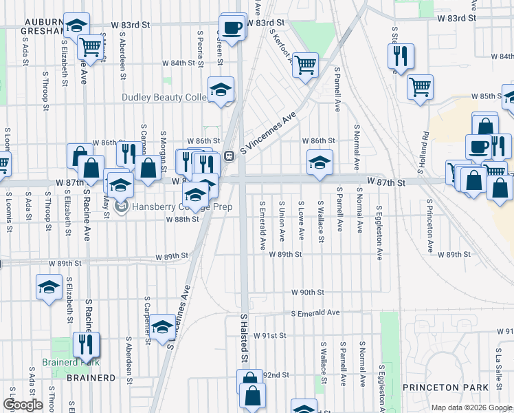 map of restaurants, bars, coffee shops, grocery stores, and more near 8749 South Emerald Avenue in Chicago