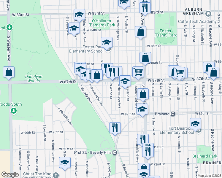 map of restaurants, bars, coffee shops, grocery stores, and more near 8739 South Wood Street in Chicago