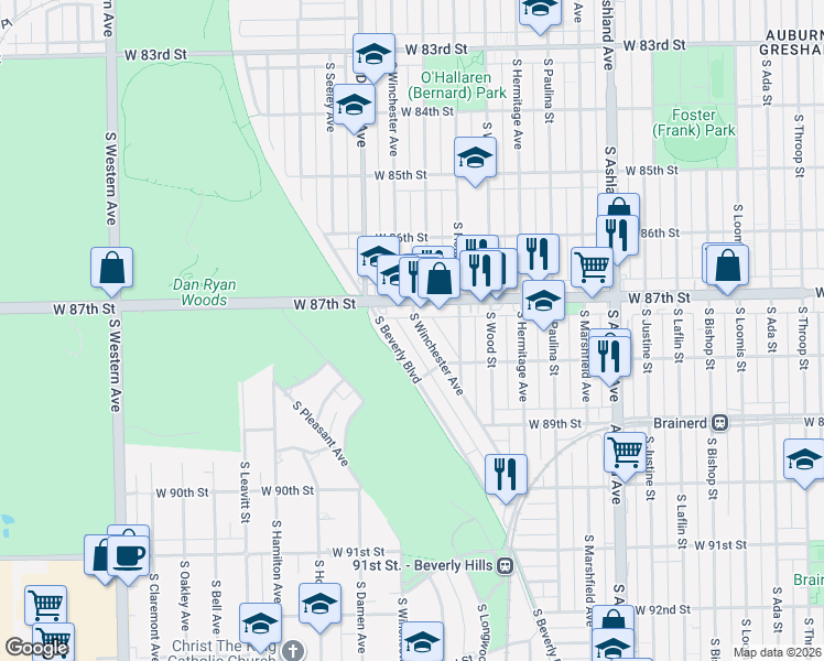 map of restaurants, bars, coffee shops, grocery stores, and more near 8738 South Winchester Avenue in Chicago