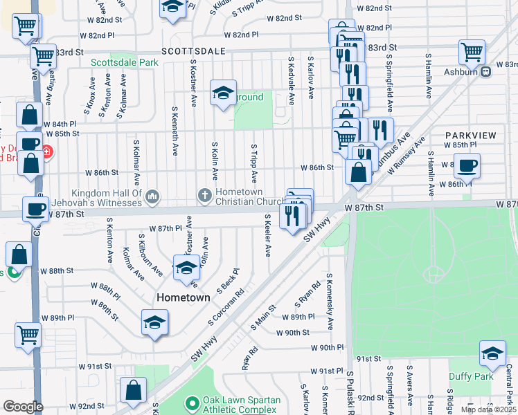 map of restaurants, bars, coffee shops, grocery stores, and more near 4221 West 87th Street in Hometown