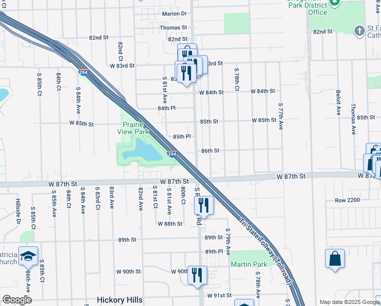 map of restaurants, bars, coffee shops, grocery stores, and more near 8648 South Roberts Road in Justice