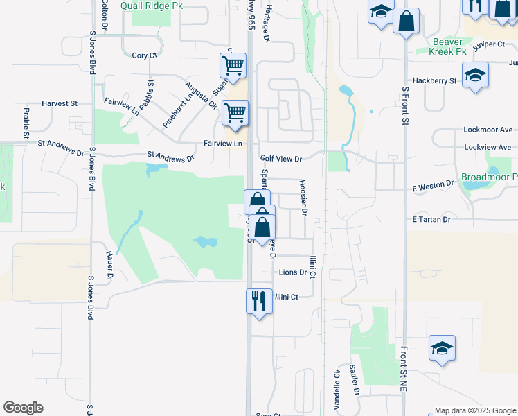 map of restaurants, bars, coffee shops, grocery stores, and more near 150 Hawkeye Drive in North Liberty