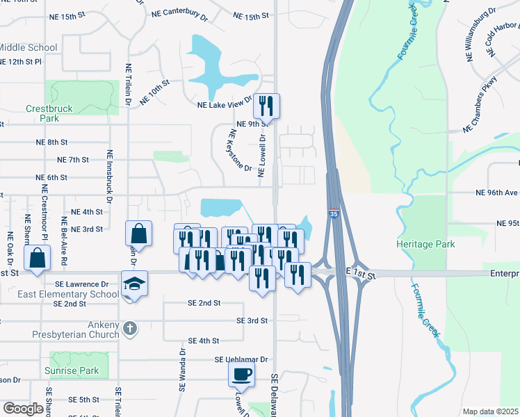 map of restaurants, bars, coffee shops, grocery stores, and more near 410 Northeast Delaware Avenue in Ankeny