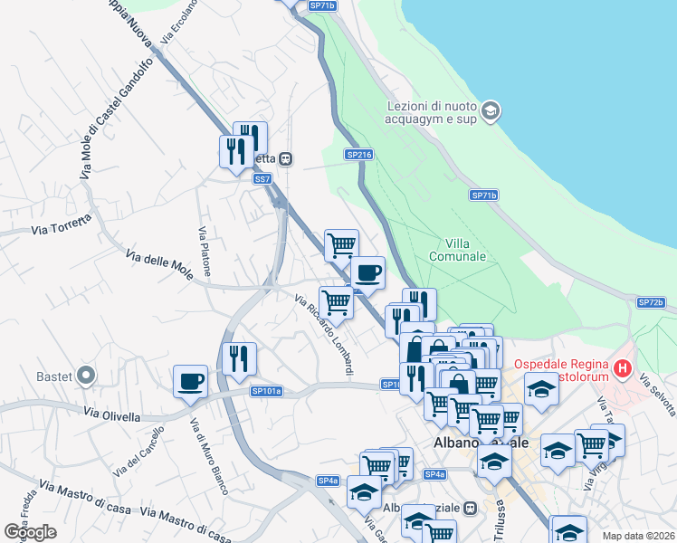 map of restaurants, bars, coffee shops, grocery stores, and more near 23 Via Appia Nuova in Albano Laziale