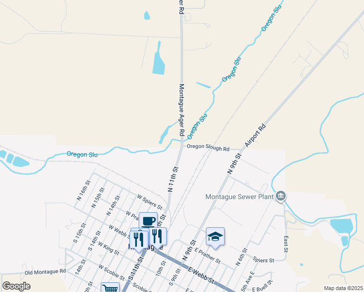 map of restaurants, bars, coffee shops, grocery stores, and more near Ager Road & Oregon Slough Road in Montague