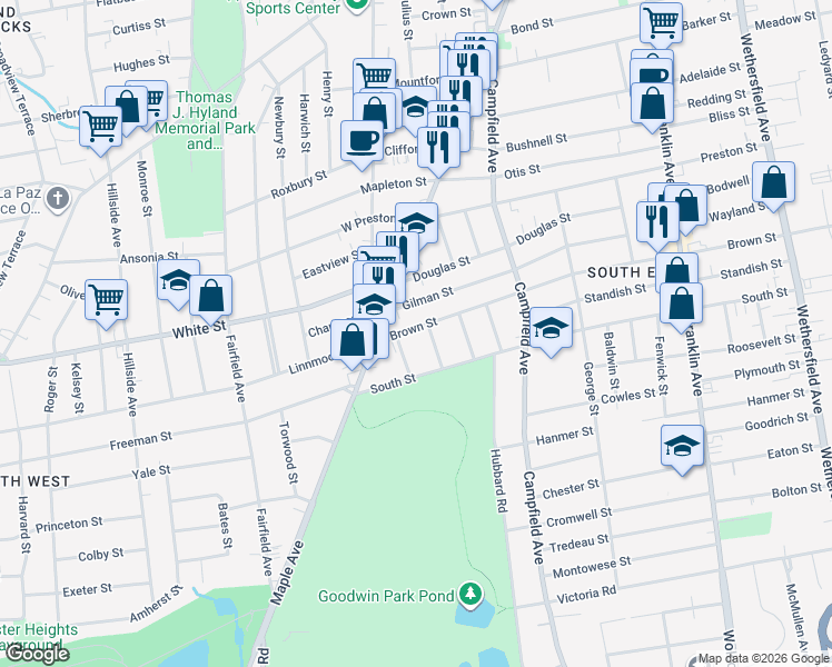 map of restaurants, bars, coffee shops, grocery stores, and more near 305 Brown Street in Hartford