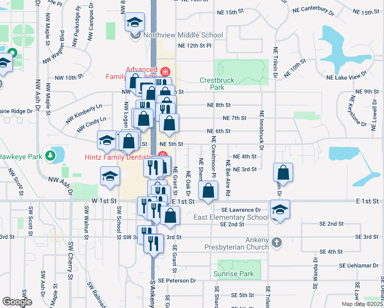 map of restaurants, bars, coffee shops, grocery stores, and more near 313 Northeast Oak Drive in Ankeny