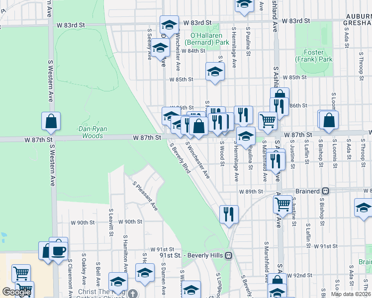 map of restaurants, bars, coffee shops, grocery stores, and more near 8738 South Winchester Avenue in Chicago
