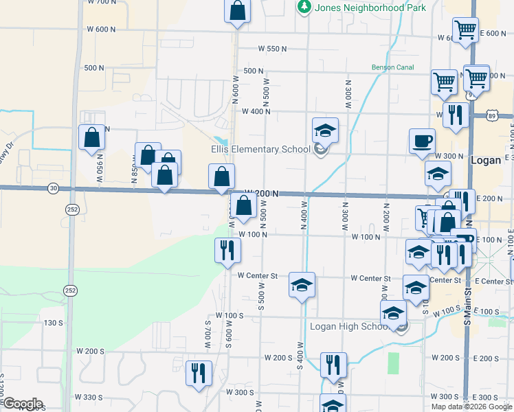 map of restaurants, bars, coffee shops, grocery stores, and more near 171 North 500 West in Logan