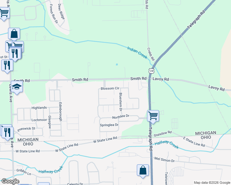 map of restaurants, bars, coffee shops, grocery stores, and more near in Temperance